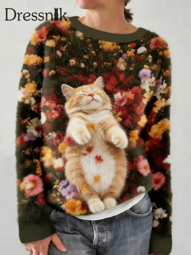Damen-Sweatshirt mit süßem Blumen-Katzen-Flanell als bild / S