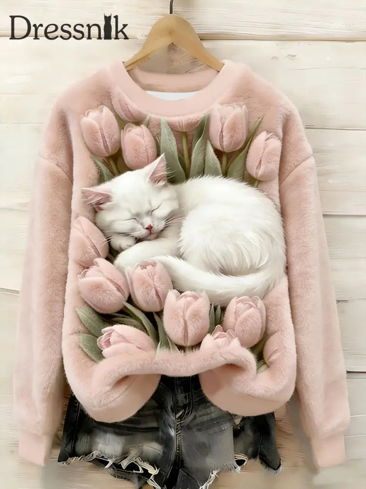 Damen-Sweatshirt mit süßem Blumen-Katzen-Flanell Hellrosa / S