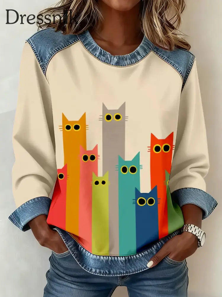 Damen-Sweatshirt mit süßem Katzen druck Denim-Patchwork als bild / S