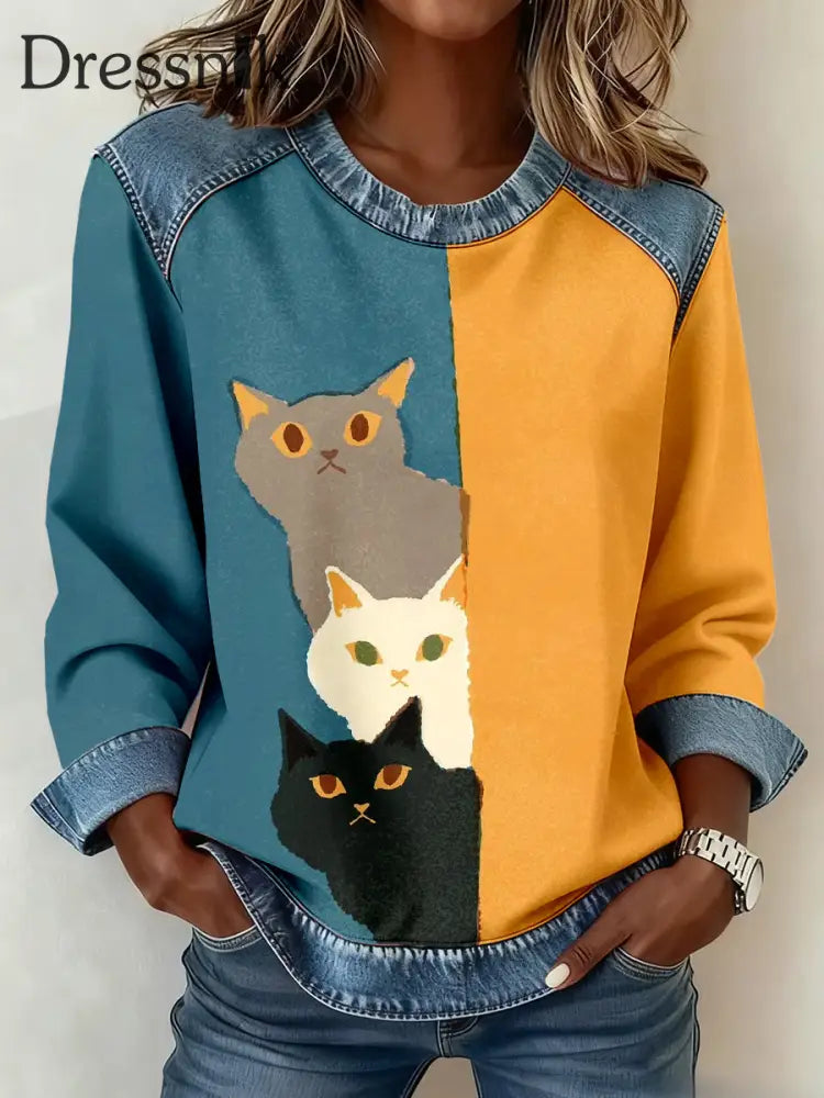 Damen-Sweatshirt mit süßem Katzen druck Denim-Patchwork als bild / S