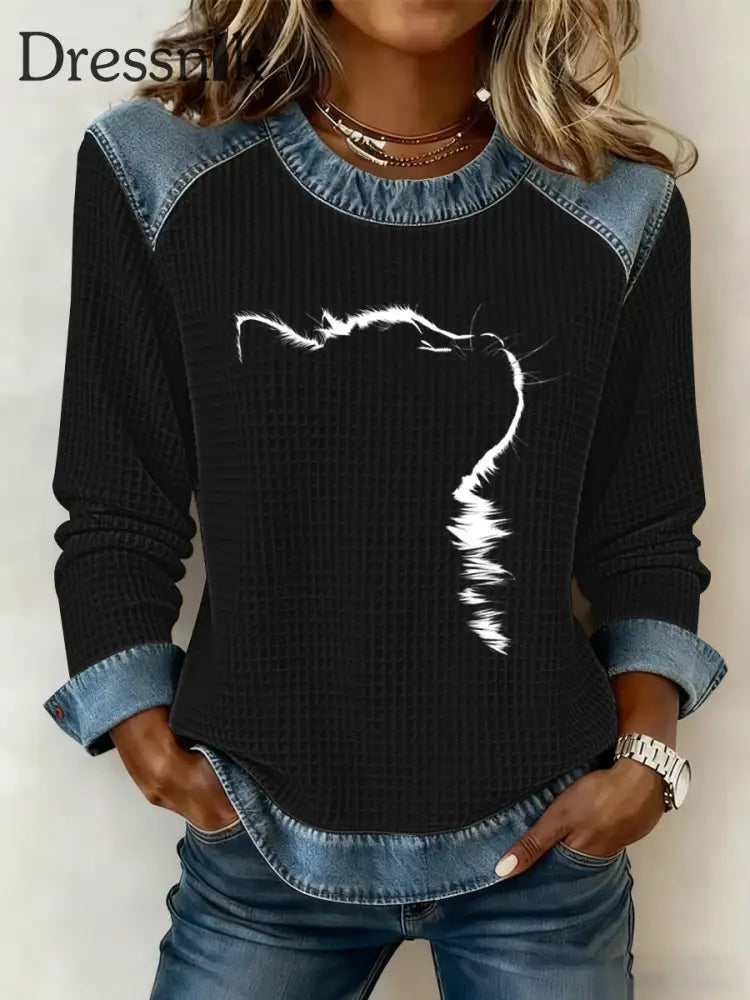 Damen-Sweatshirt mit süßem Katzen druck Waffel Schwarz / S