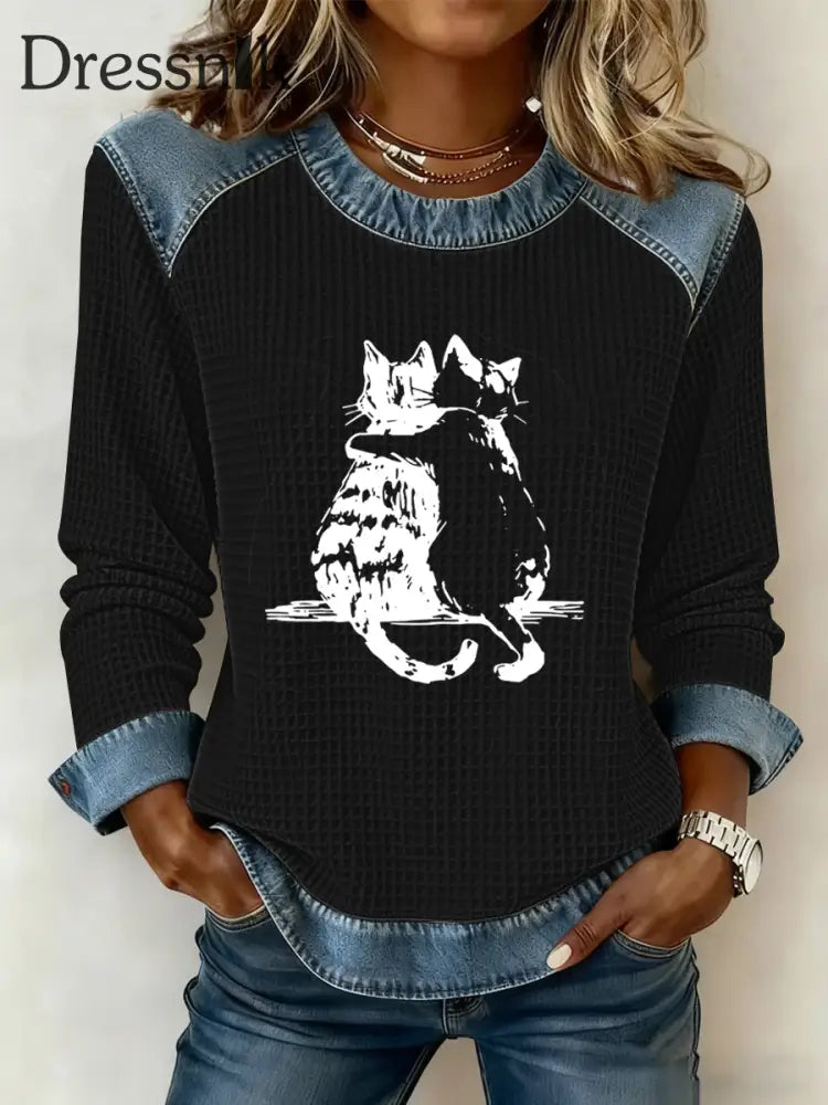 Damen-Sweatshirt mit süßem Katzen druck Waffel Schwarz / S
