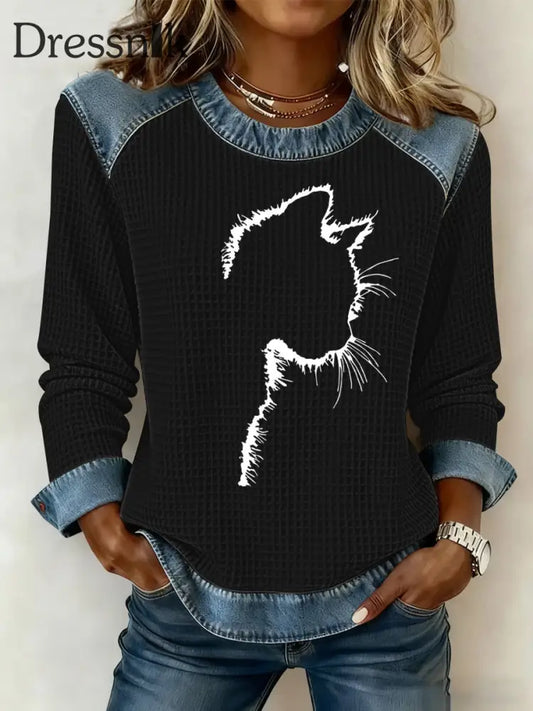 Damen-Sweatshirt mit süßem Katzen druck Waffel Schwarz / S