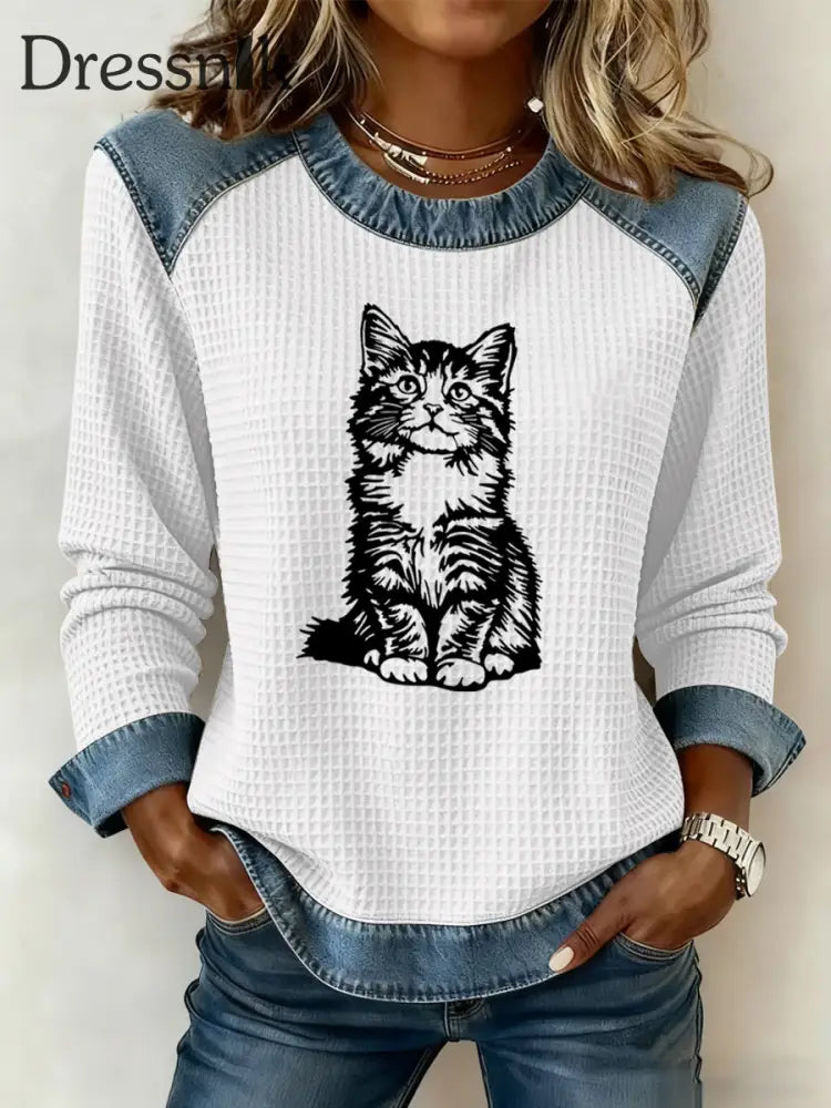 Damen-Sweatshirt mit süßem Katzen druck Waffel Weiß / S