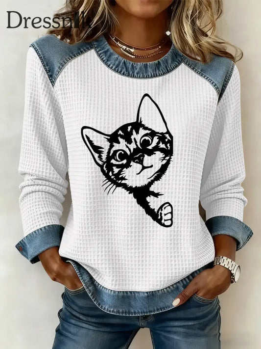 Damen-Sweatshirt mit süßem Katzen druck Waffel Weiß / S