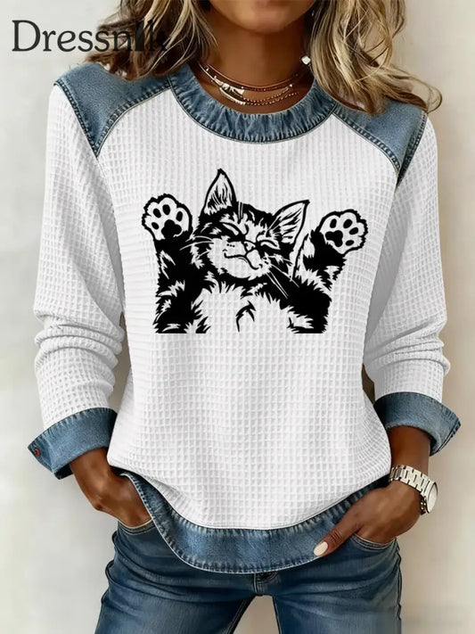 Damen-Sweatshirt mit süßem Katzen druck Waffel Weiß / S