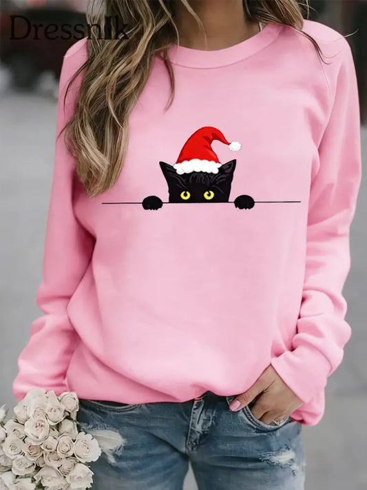 Damen Sweatshirt mit süßem Katzen druck Weihnachten Rosa / S