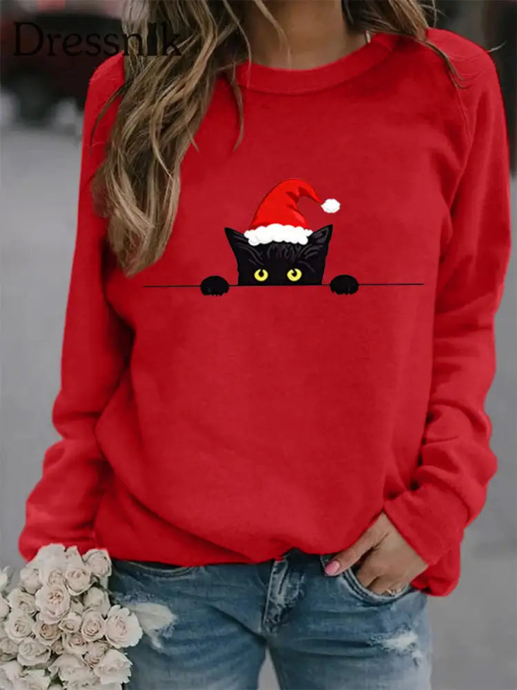 Damen Sweatshirt mit süßem Katzen druck Weihnachten Rot / S