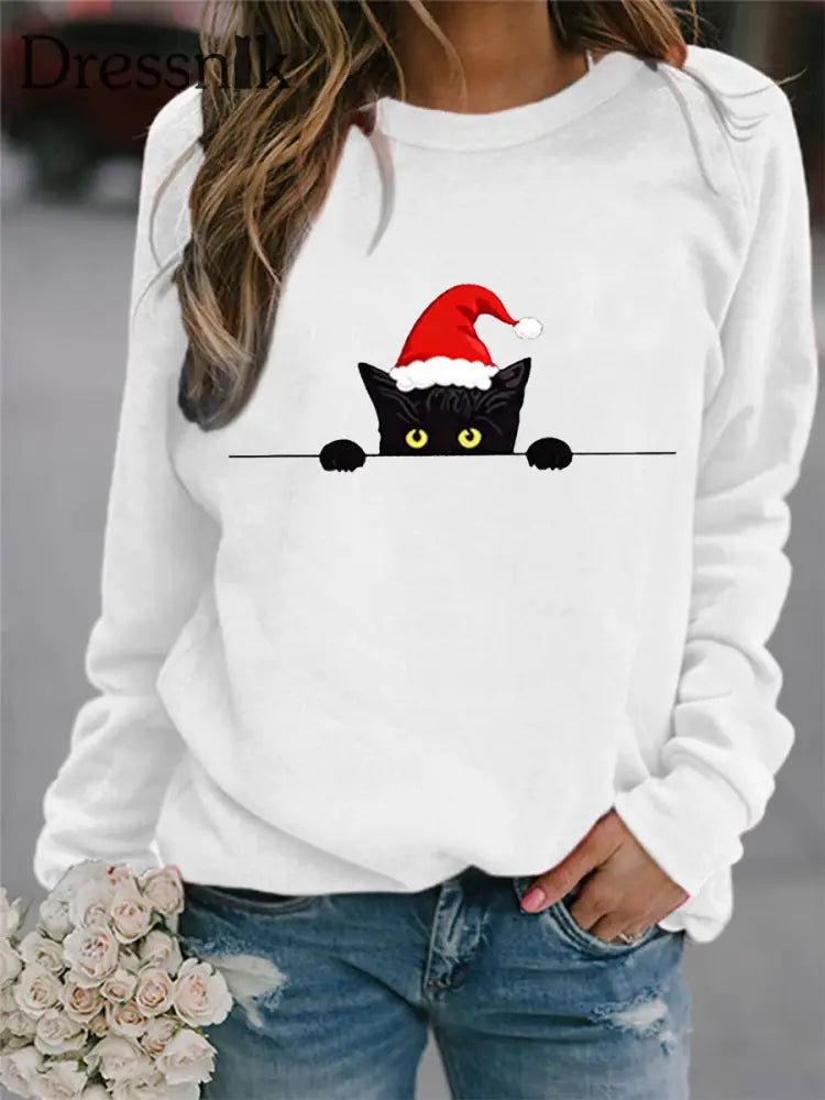 Damen Sweatshirt mit süßem Katzen druck Weihnachten Weiß / S