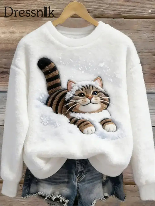 Damen-Sweatshirt mit süßem Katzen flanell Weiß / S