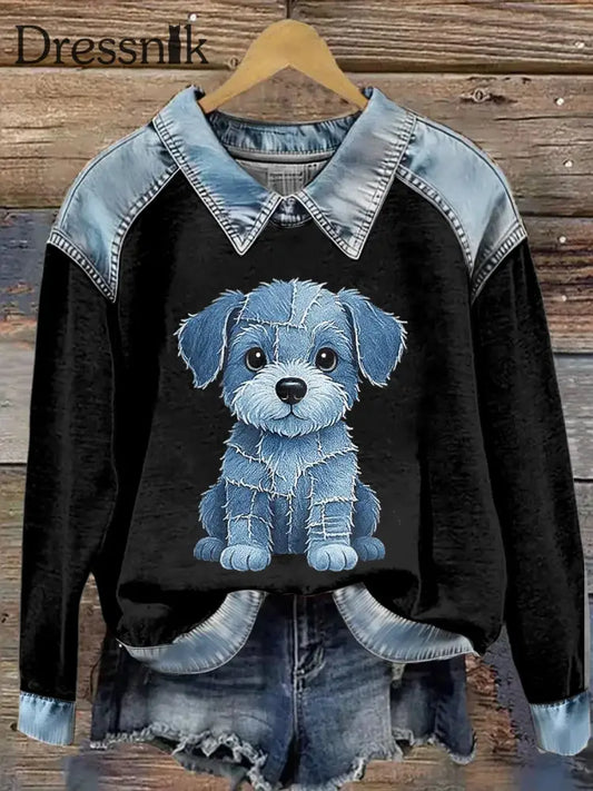 Damen-Sweatshirt mit Tier druck Patchwork-Revers mit langen Ärmeln Schwarz / S