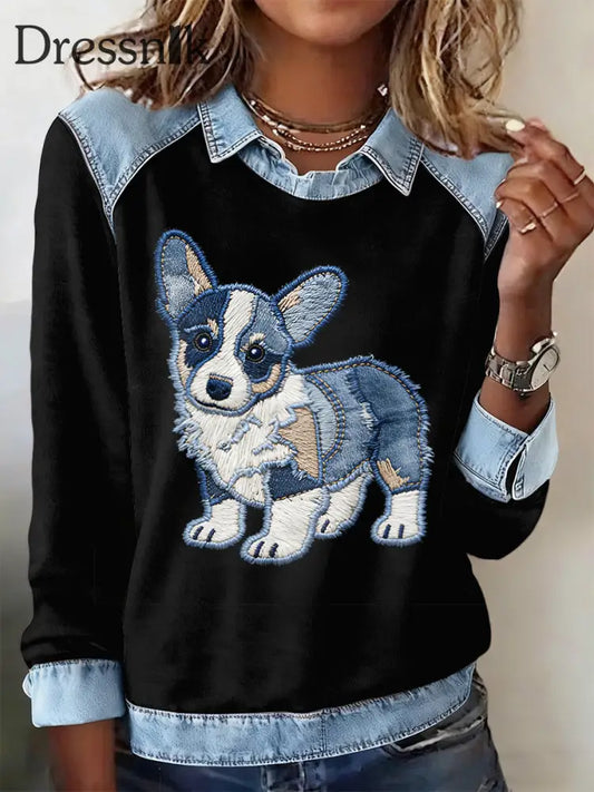 Damen-Sweatshirt mit Tier druck Patchwork-Revers mit langen Ärmeln Schwarz / S