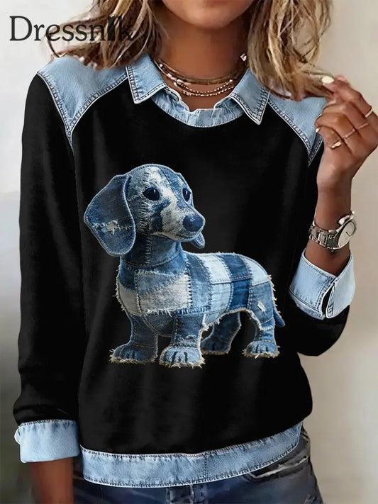 Damen-Sweatshirt mit Tier druck Patchwork-Revers mit langen Ärmeln Schwarz / S