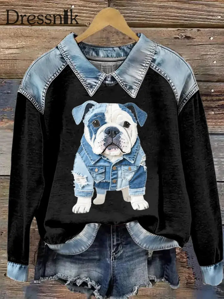 Damen-Sweatshirt mit Tier druck Patchwork-Revers mit langen Ärmeln Schwarz / S