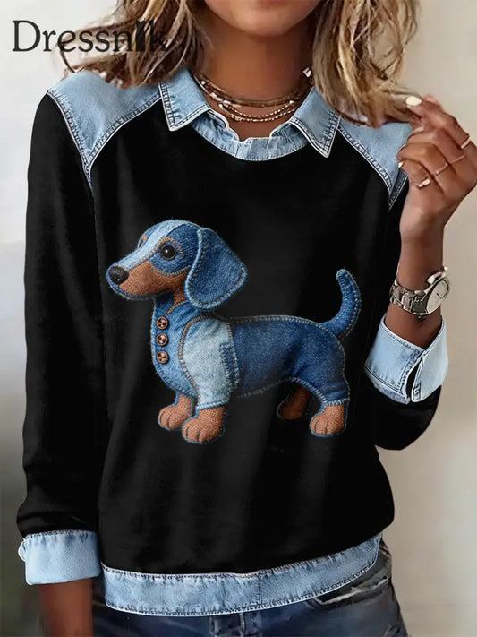 Damen-Sweatshirt mit Tier druck Patchwork-Revers mit langen Ärmeln Schwarz / S