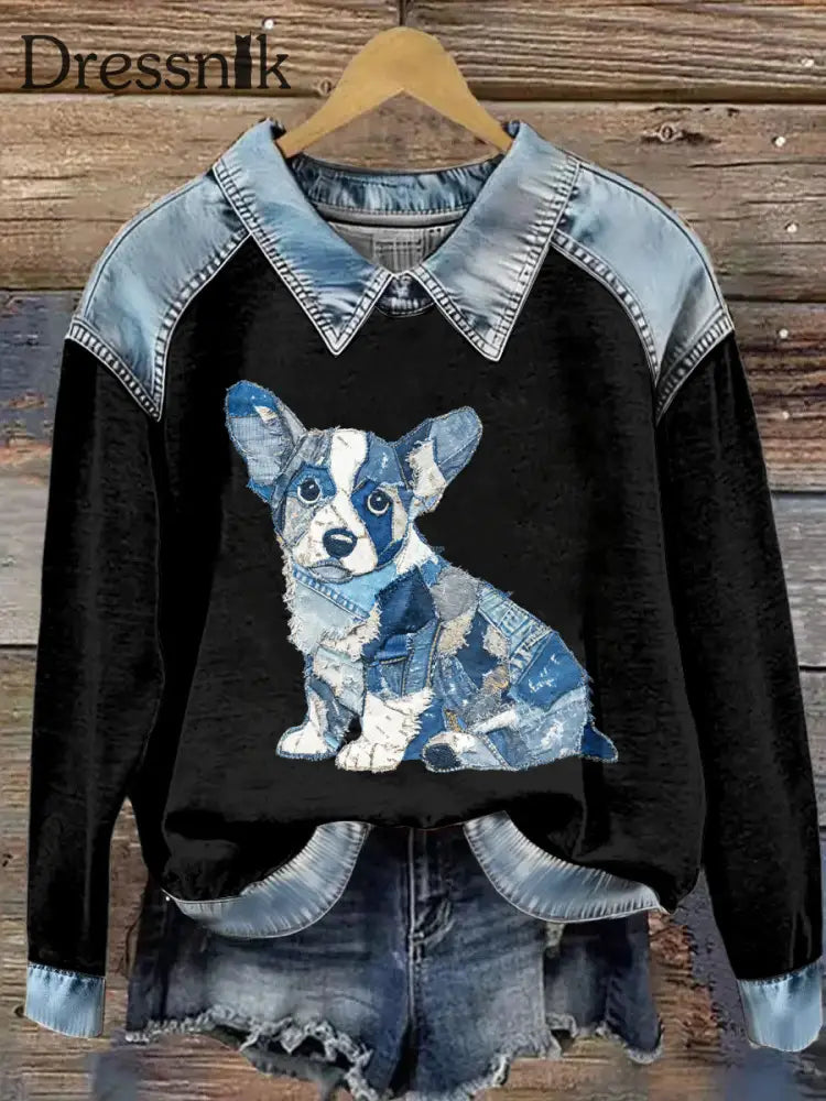 Damen-Sweatshirt mit Tier druck Patchwork-Revers mit langen Ärmeln Schwarz / S