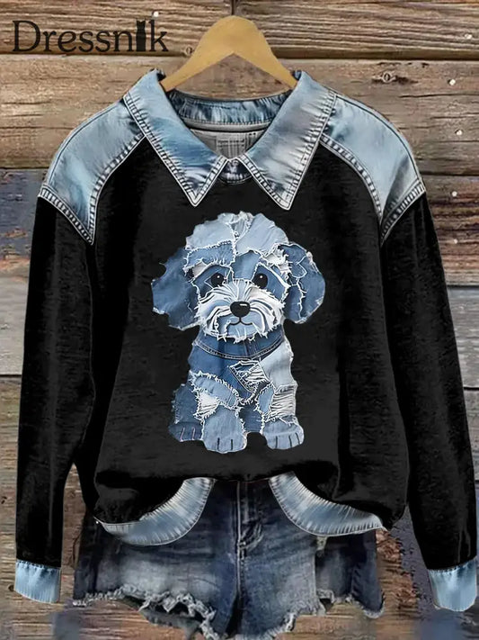 Damen-Sweatshirt mit Tier druck Patchwork-Revers mit langen Ärmeln Schwarz / S