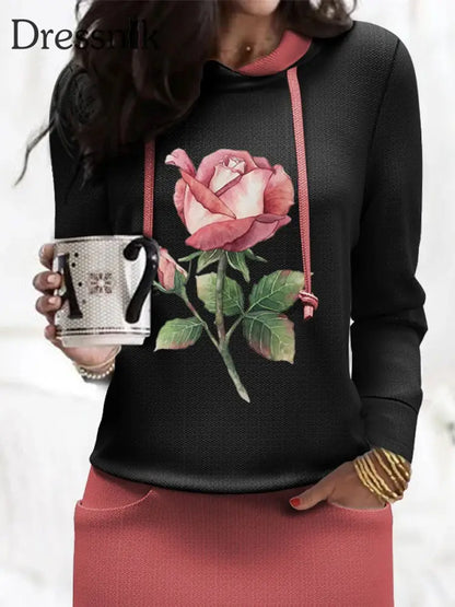 Damen-Sweatshirtkleid Mit Blumen-Kunstdruck Und Kapuze