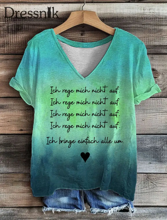 Damen T-Shirt Ich Rege Mich Nicht Auf V-Ausschnitt Blau-Grün / S