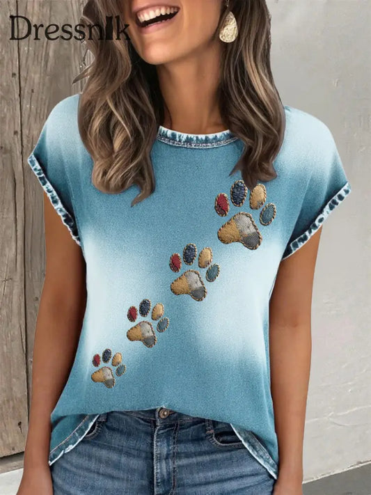 Damen-T-Shirt mit Denim-Pfoten-Print Himmelblau / S