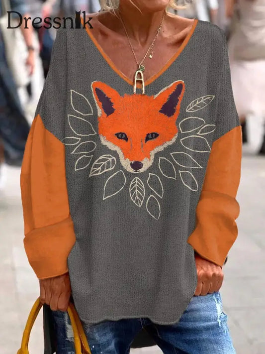 Damen-T-Shirt Mit Fox-Print Und V-Ausschnitt As Shown / S