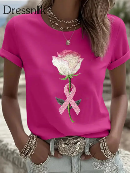 Damen-T-Shirt mit rosa Blumen druck lässig Rosenrot / S