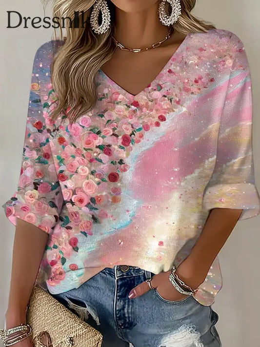 Damen-T-Shirt mit rosa Blumen druck lässig Rosa / S