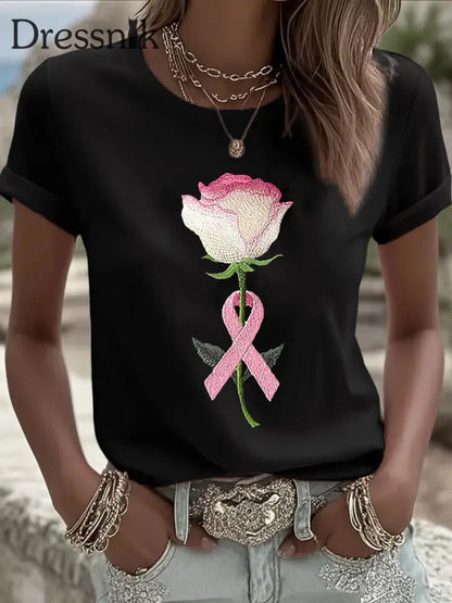 Damen-T-Shirt mit rosa Blumen druck lässig Schwarz / S