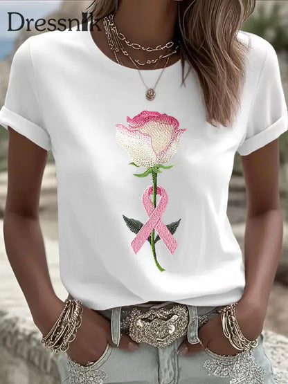 Damen-T-Shirt mit rosa Blumen druck lässig Weiß / S