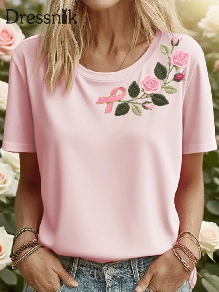 Damen-T-Shirt mit rosa Blumenband bestickt Rosa / S