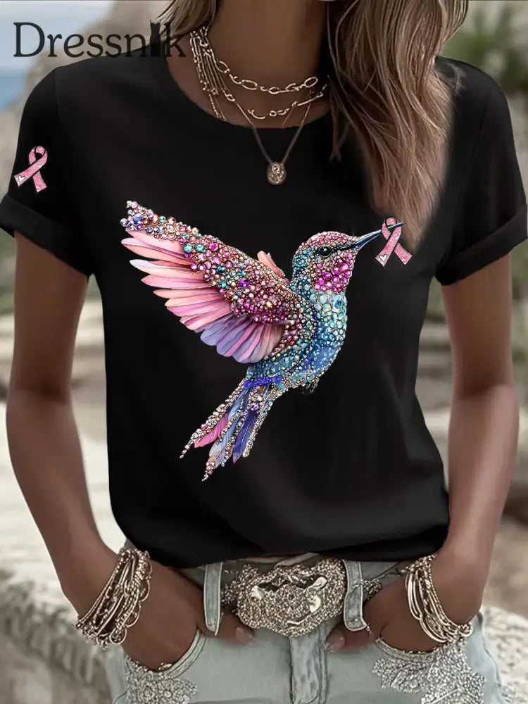 Damen-T-Shirt mit rosa Farbband druck Schwarz / S