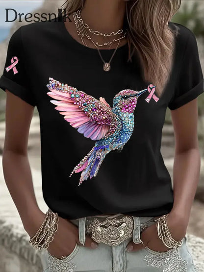 Damen-T-Shirt mit rosa Farbband druck Schwarz / S