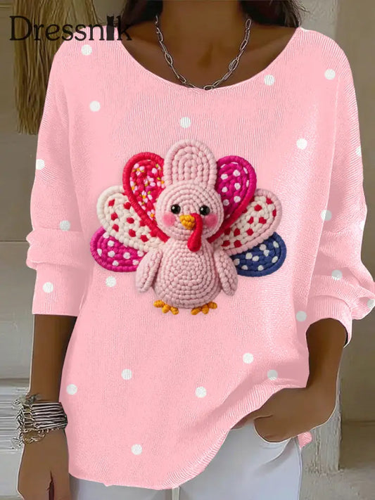 Damen Thanksgiving Bedrucktes Rundhals-Rippen oberteil Rosa / S