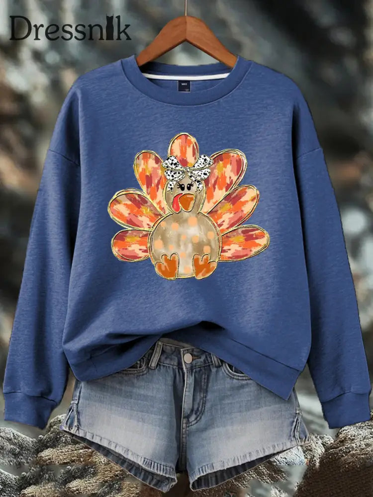 Damen-Thanksgiving-Print-Sweatshirt Blau / S