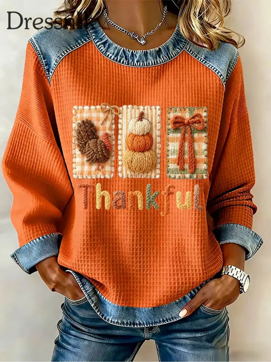 Damen-Thanksgiving-Print-Waffel-Sweatshirt Orange / S