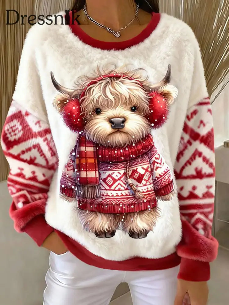 Damen-Tier-Highland-Kuh-Kunstdruck-Flanell-Sweatshirt als bild / S