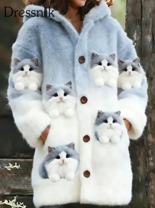 Damen Tier Katze Print Flanell Warme Jacke als bild / S