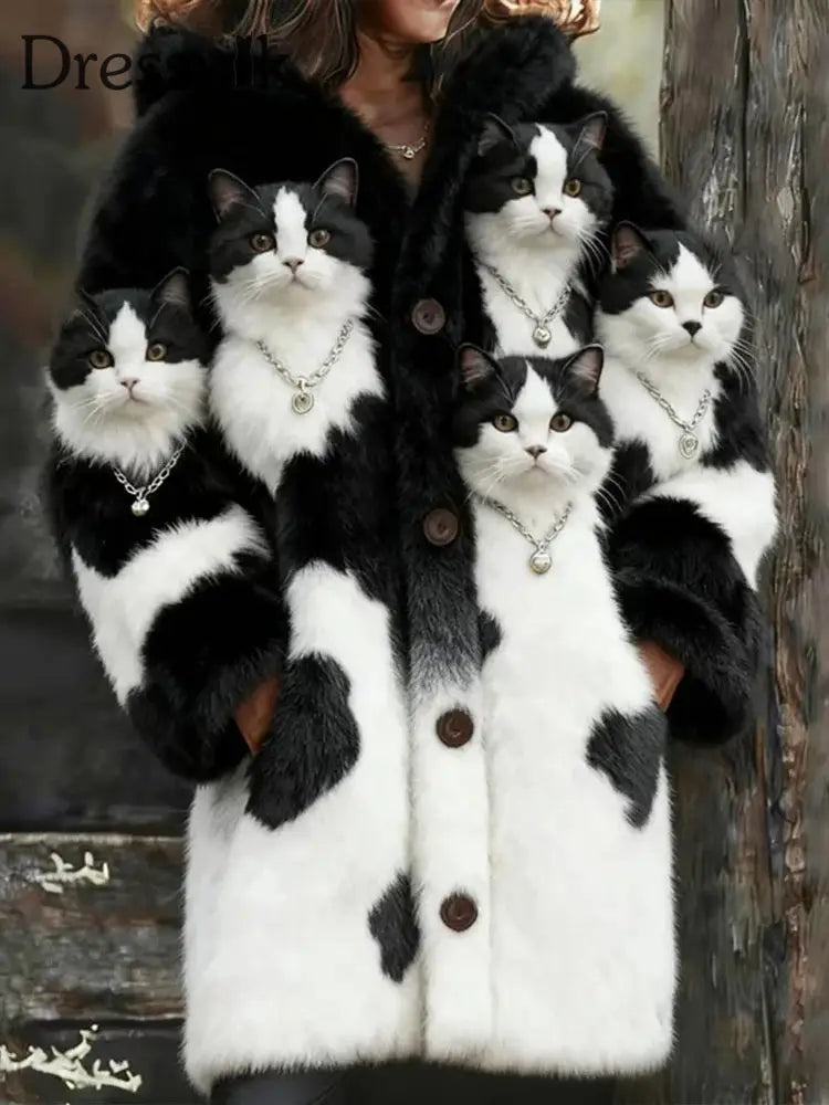 Damen Tier Katze Print Flanell Warme Jacke als bild / S