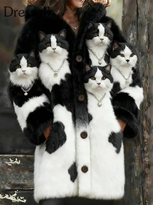 Damen Tier Katze Print Flanell Warme Jacke als bild / S