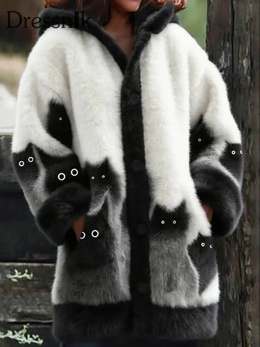 Damen Tier Katze Print Flanell Warme Jacke als bild / S