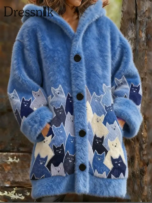 Damen Tier Katze Print Flanell Warme Jacke als bild / S