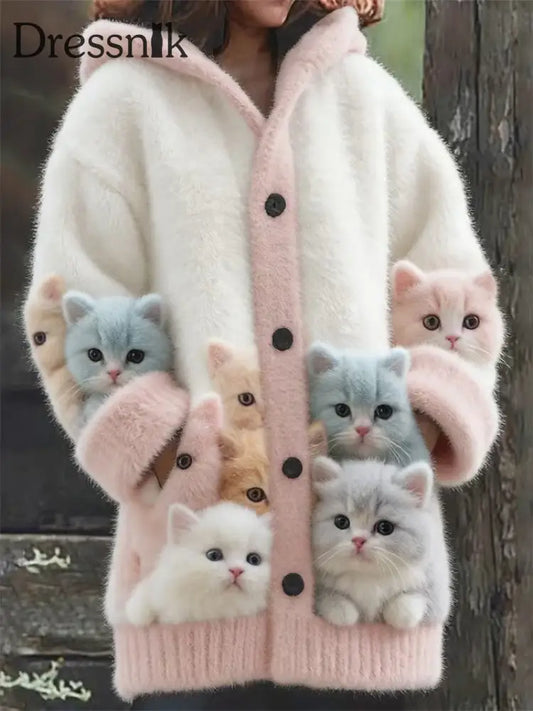 Damen Tier Katze Print Flanell Warme Jacke als bild / S