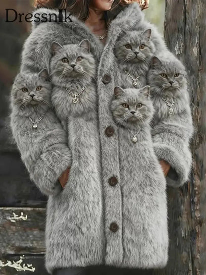 Damen Tier Katze Print Flanell Warme Jacke Grau / S