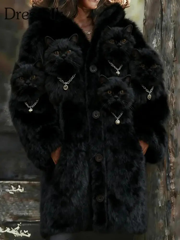 Damen Tier Katze Print Flanell Warme Jacke Schwarz / S