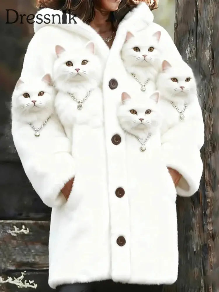 Damen Tier Katze Print Flanell Warme Jacke Weiß / S