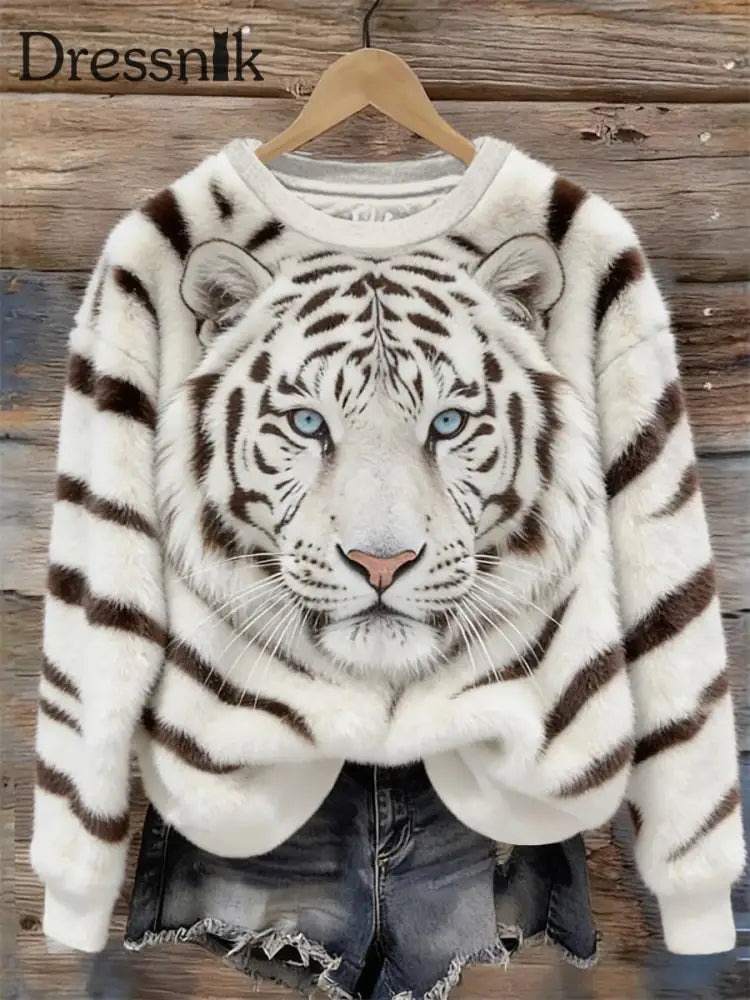 Damen Tiger Art Print Casual Sweatshirt Weiß / S