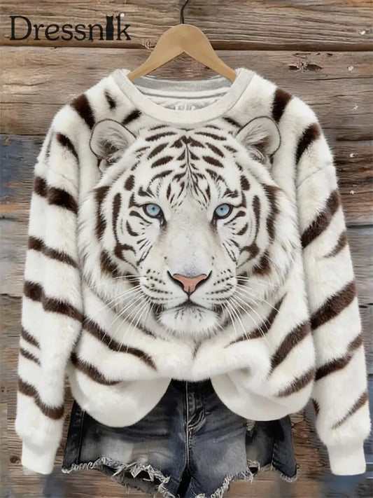 Damen Tiger Art Print Casual Sweatshirt Weiß / S