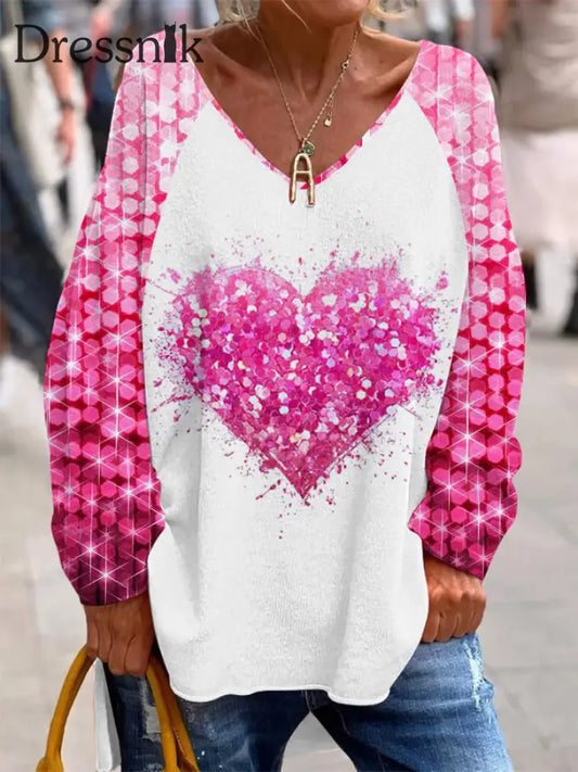 Damen-Top Mit V-Ausschnitt Und Valentinstag-Love-Herz-Print Pink / S