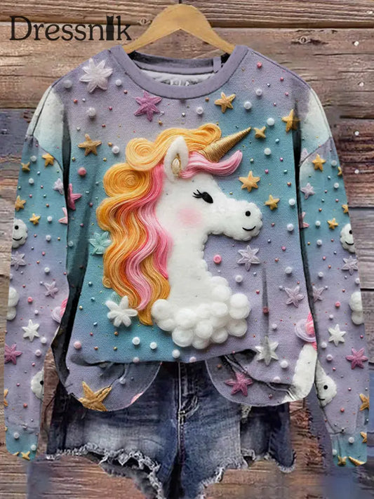 Damen Träumerische Einhorn Stickerei 3D-Druck Rundhals Locker Bequem Lange Ärmel Sweatshirt