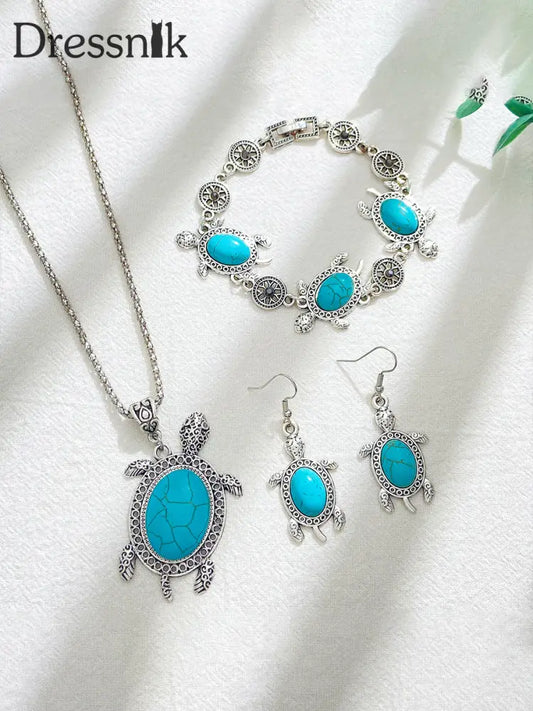 Damen Türkis Schildkröte Ohrringe Armband Halskette Dreiteiliges Set blau / JM